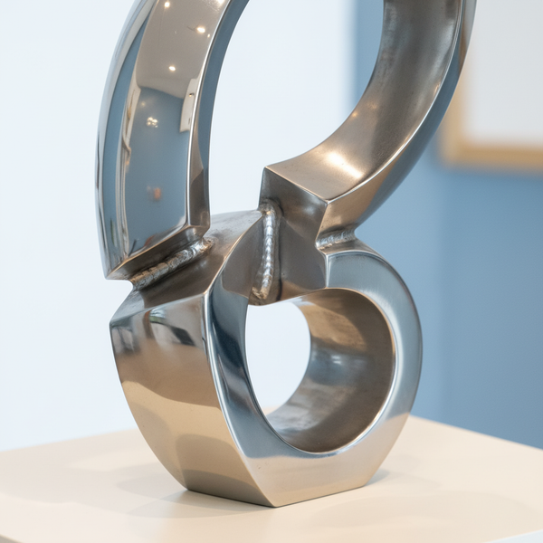 Close-up of a custom welded stainless steel sculpture, highlighting precise joins and polished surfaces, with soft lighting.