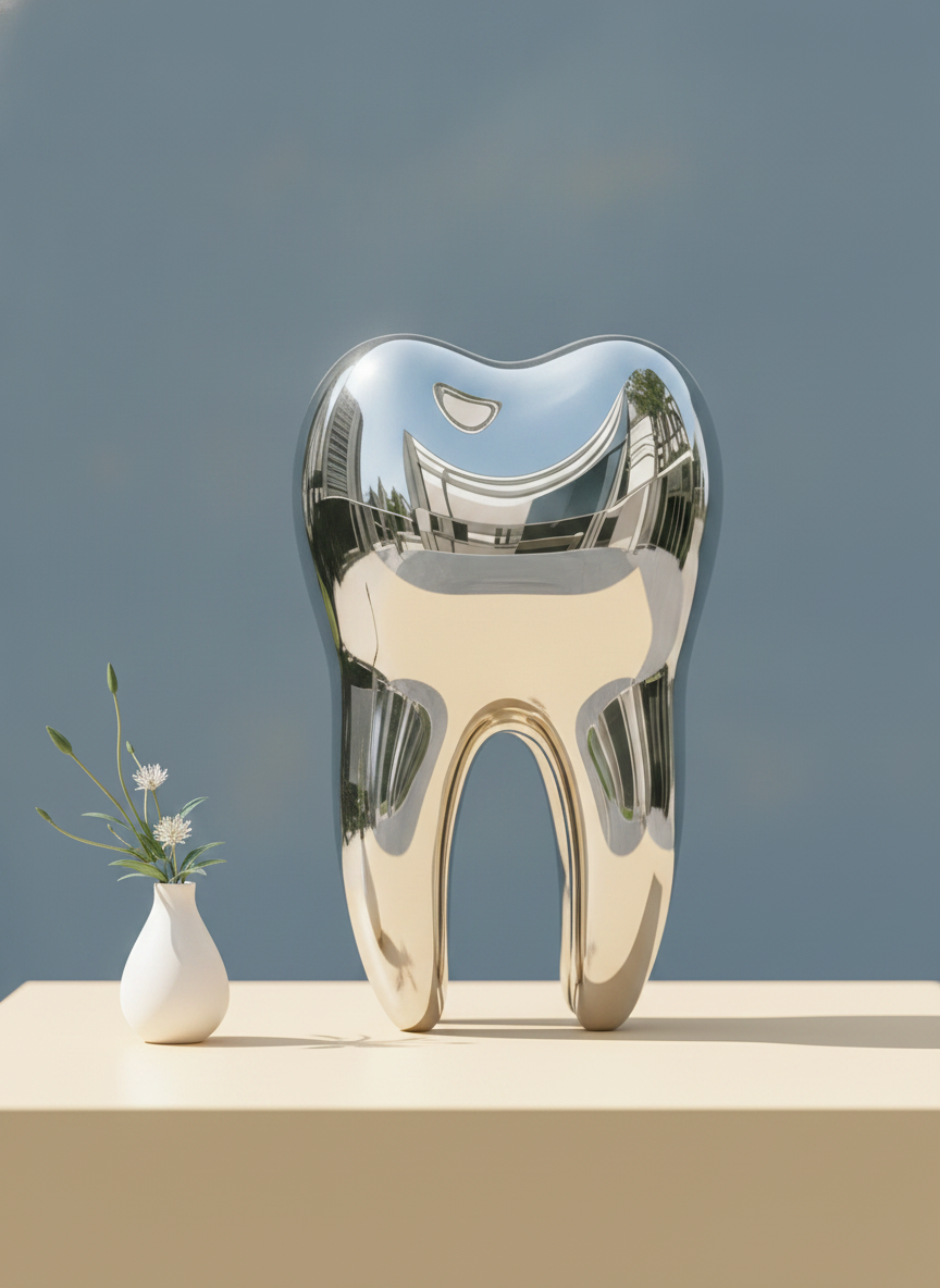 Close-up of a custom welded stainless steel sculpture on a warm cream surface, showcasing its intricate, modern design and po