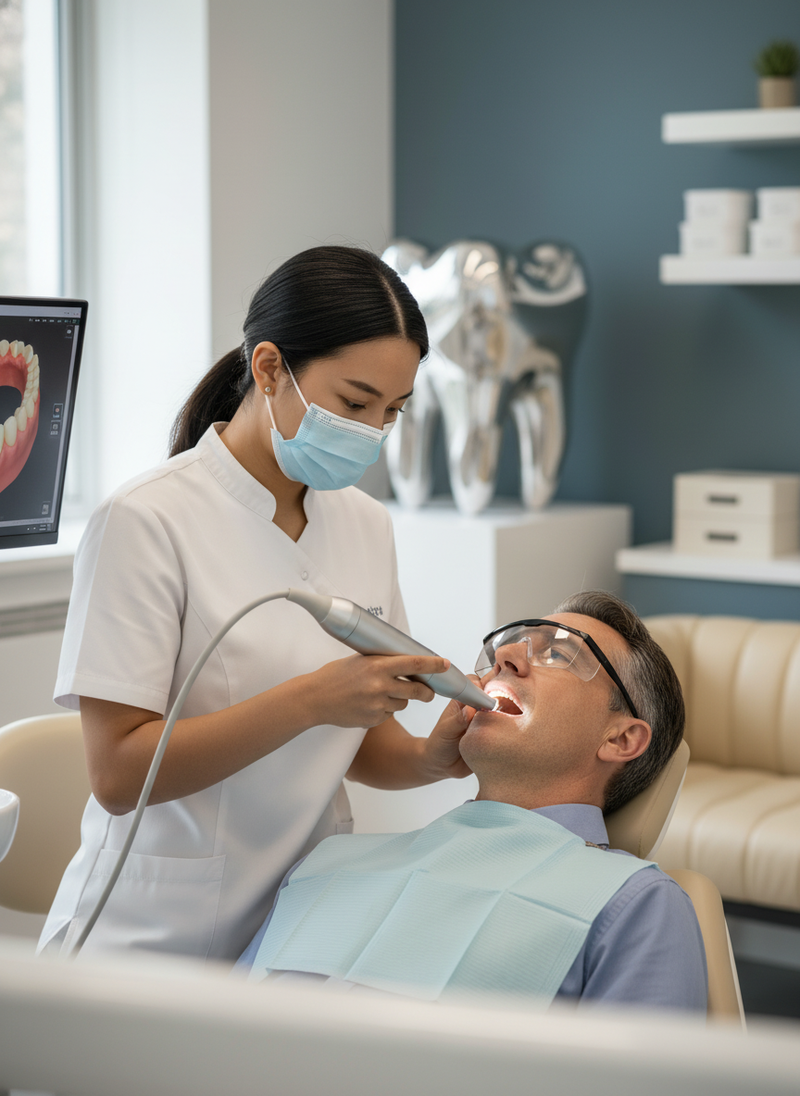 A dental assistant uses an AI 3D scanner on a patient's lower arch in a brightly lit, modern dental clinic.