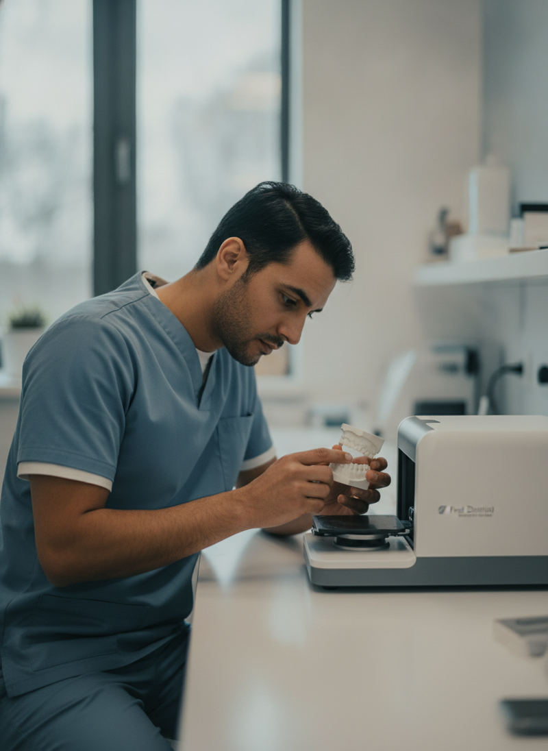 A dental professional digitizing a physical dental model with the Fast Dental Desktop 3D Scanner on a modern lab bench.