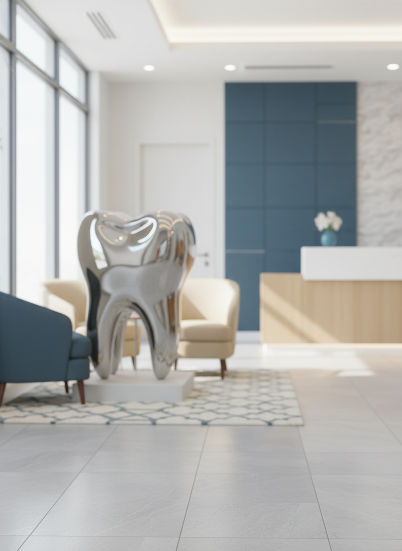 A custom-welded stainless steel sculpture stands in a modern, bright clinic lobby, illuminated by natural daylight.