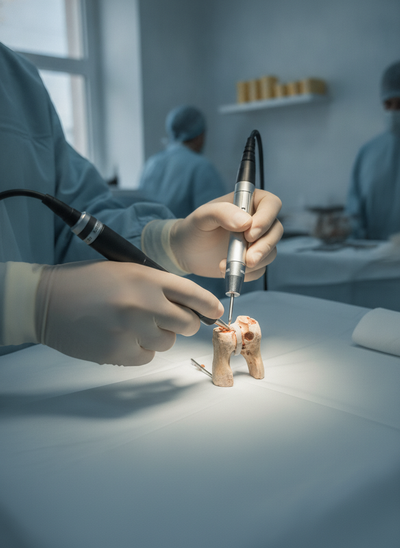 A surgeon's hands carefully operate a Surgic Touch motor during bone surgery, illuminated by natural light.